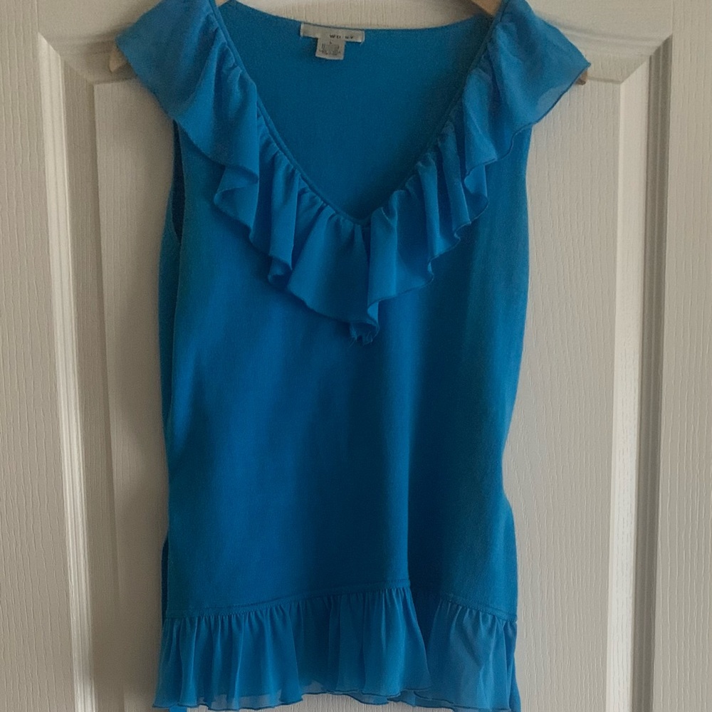 Sleeveless Belted Sweater blouse with laced collar and sleeves.